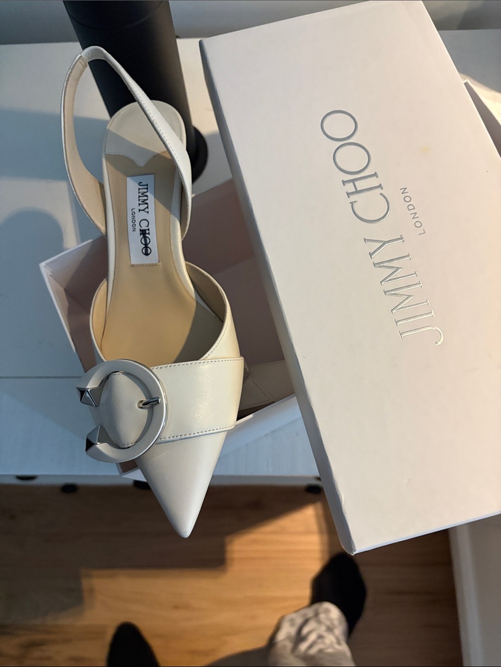 Jimmy Choo White Pointed-Toe Slingback Pump with Silver Buckle